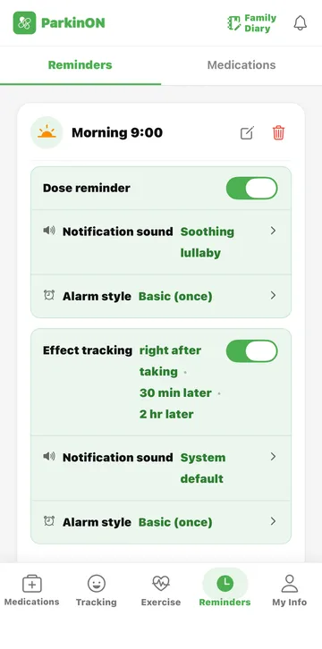 ParkinON app — dose reminders and effect-tracking times