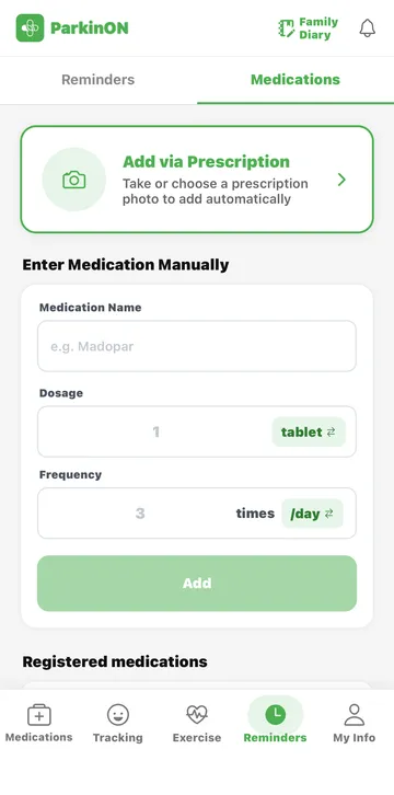 ParkinON app — adding and managing medications