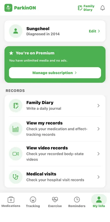 ParkinON app — records menu and family diary
